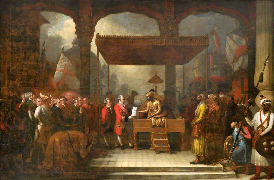 A Western artist’s imagining of Shah 'Alam, Mughal Emperor (1759–1806), Conveying the Grant of the Diwani to Lord Clive A Western artist’s imagining of Shah 'Alam, Mughal Emperor (1759–1806), Conveying the Grant of the Diwani to Lord Clive