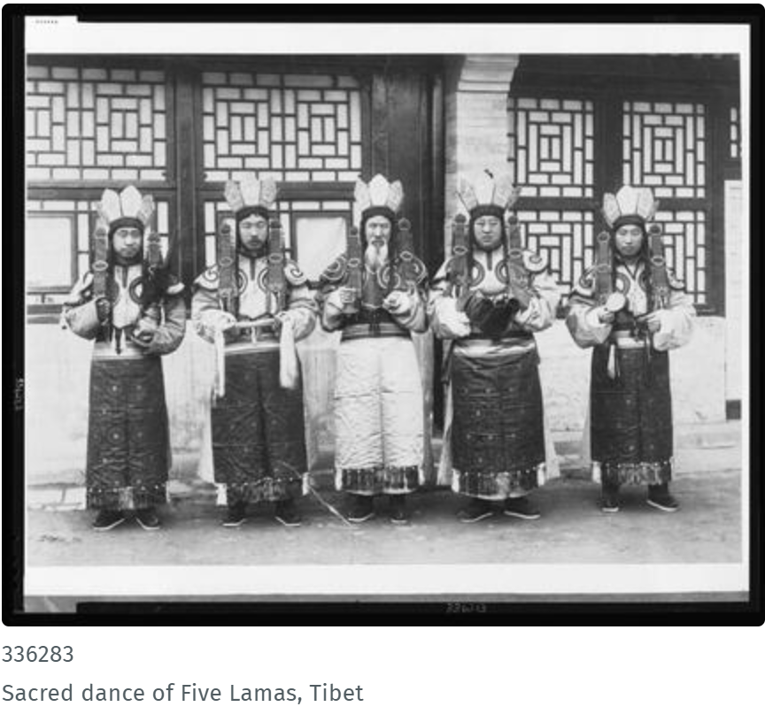 Historical AMNH archive photograph from the Laufer expedition showing five lamas during a sacred dance.