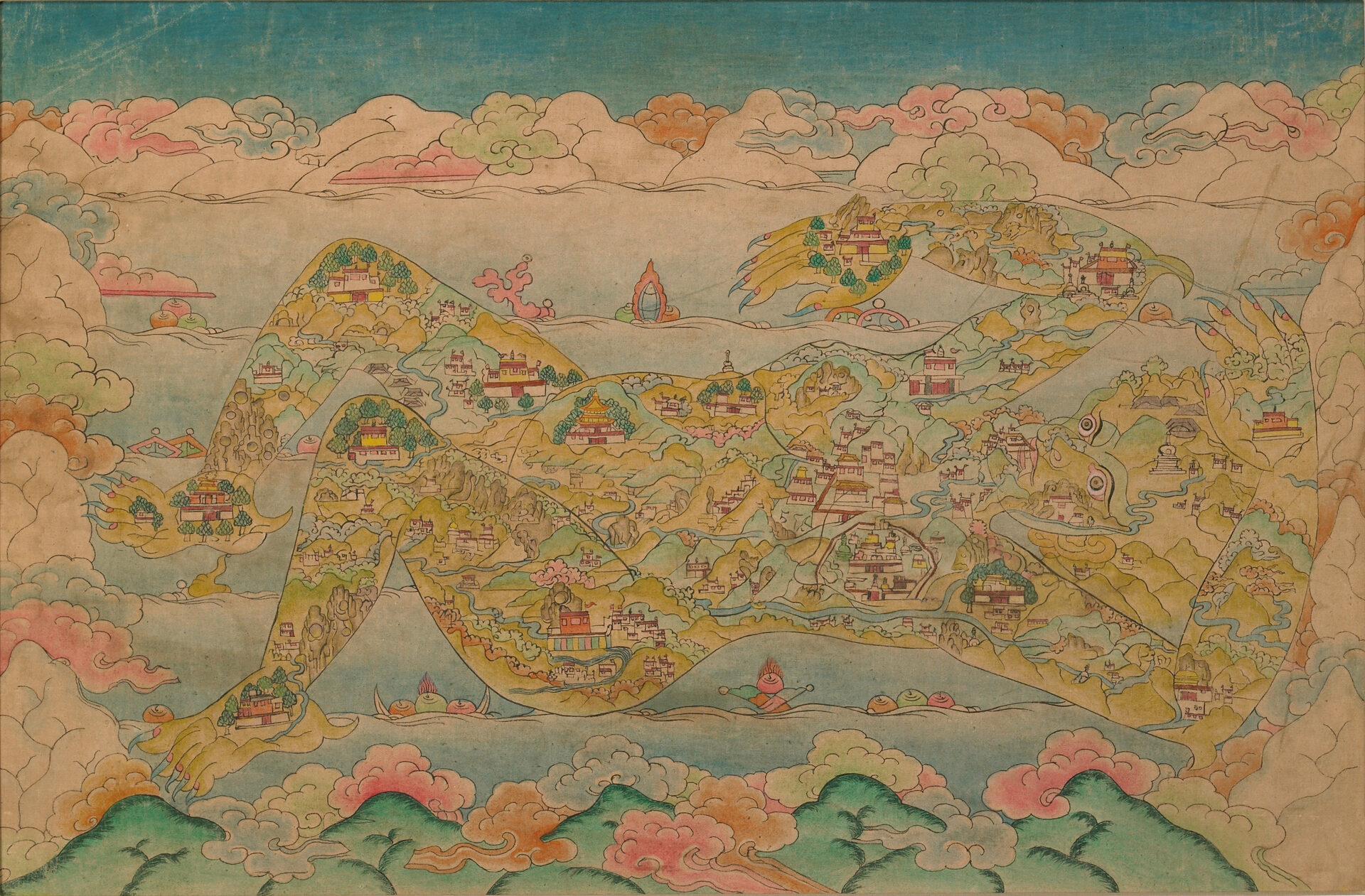 The Demoness of Tibet — a painting on cloth depicting the Tibetan landscape as a supine demoness pinned by Buddhist temples at her heart, joints, hands and feet.